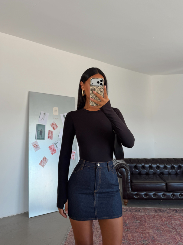 Bisiklet Yaka Uzun Kol Bodysuit - Siyah