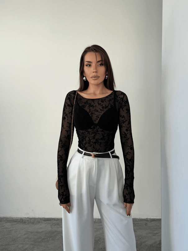 Flok Baskılı Basic Bluz - Siyah