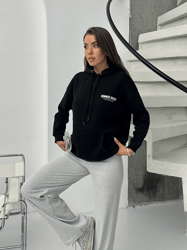 Baskılı Kapüşonlu Oversize Sweat - Siyah