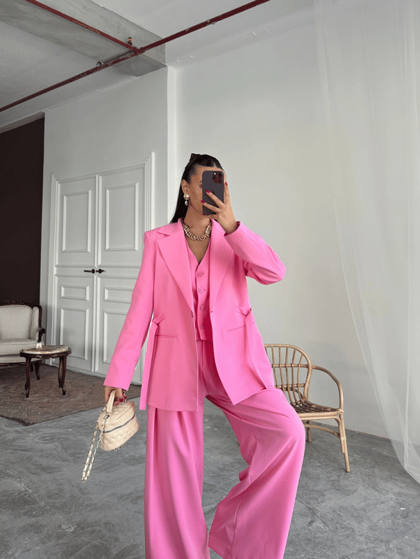 Ceket Yelek Pantolon 3lü Takım - Pembe