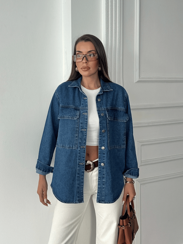 Kapak Cep Denim Gömlek - Mavi
