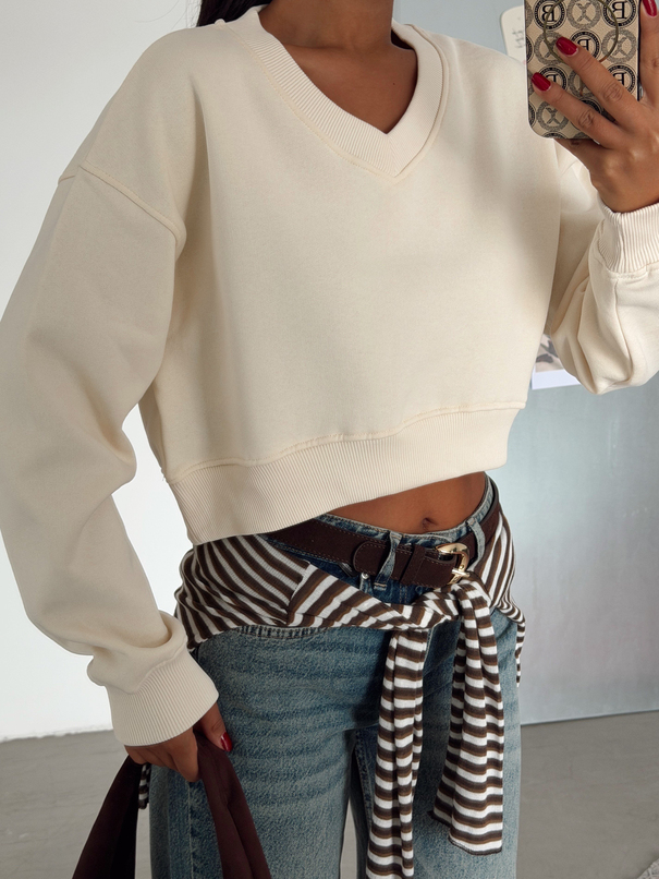 V Yaka Ribanalı Sweatshirt - Taş