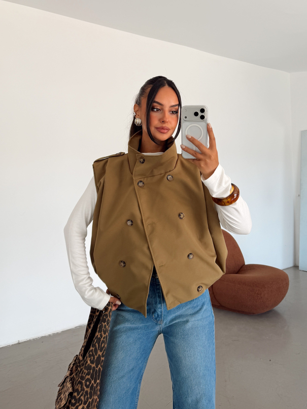 Apolet Detaylı Oversize Yelek - Haki