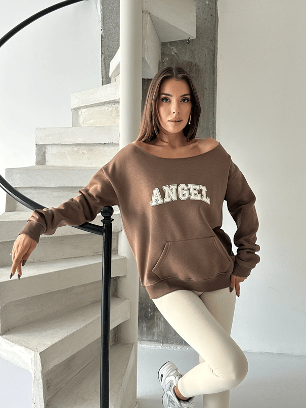Angel Nakışlı Kayık Yaka Sweat - Kahve