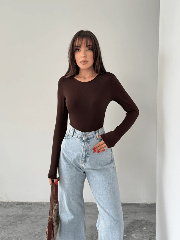 Bisiklet Yaka Bodysuit - Kahve