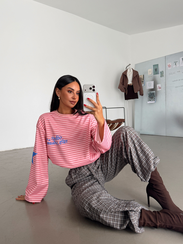 Paris Baskılı Çizgili Sweat - Pembe