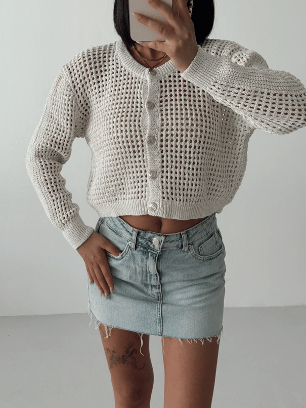 Simli Crop Hırka  - Krem
