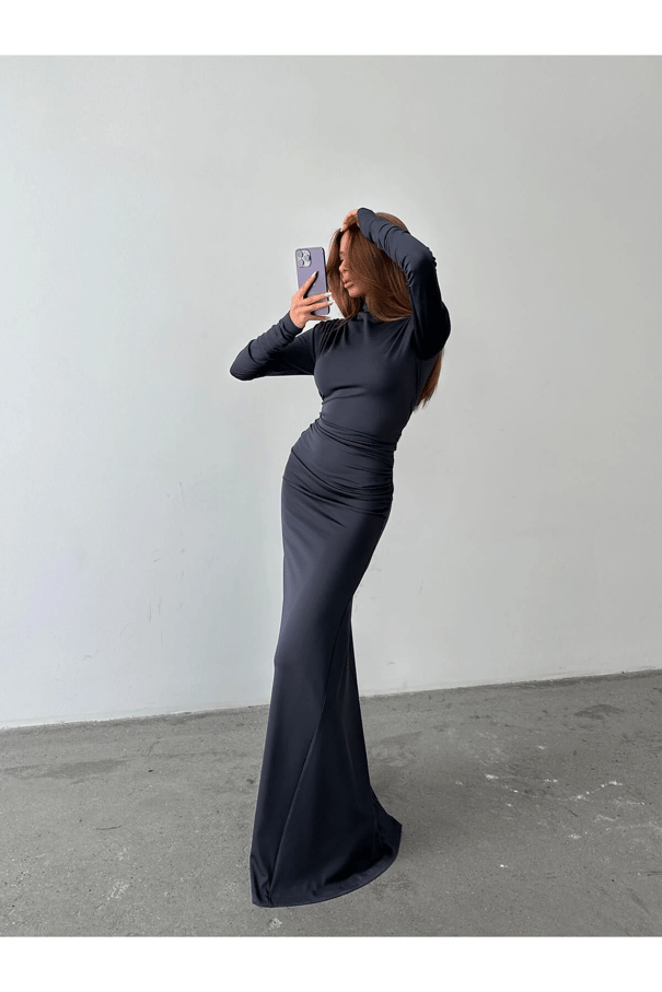 Drape Balıkçı Elbise Füme - Füme