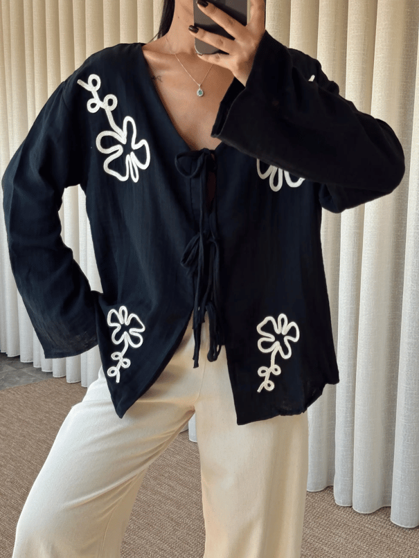 Nakışlı Kimono Takım  - Siyah