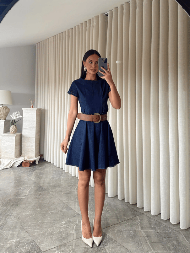 Kloş Likralı Denim Elbise  - Lacivert