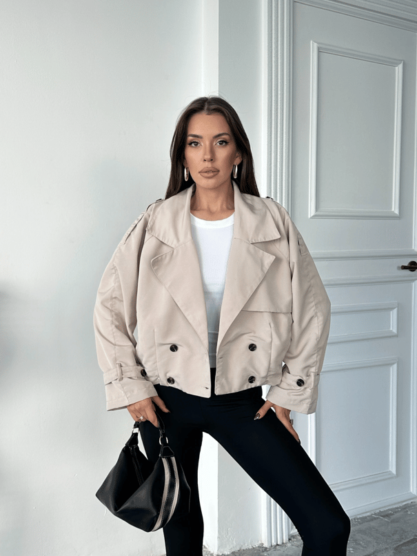 Dört Düğmeli Crop Trençkot - Taş