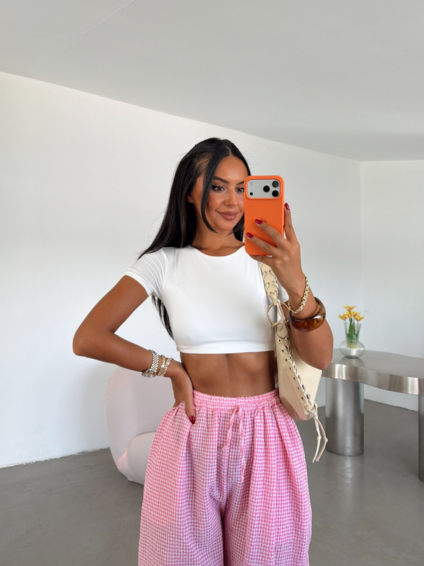 Çift Kat Crop Basic -Beyaz