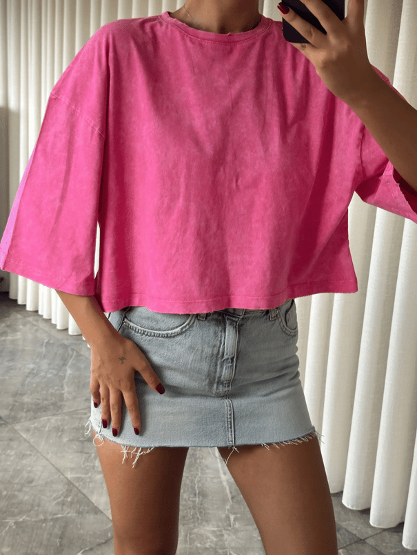 Yıkamalı Düz Crop Basic - Pembe