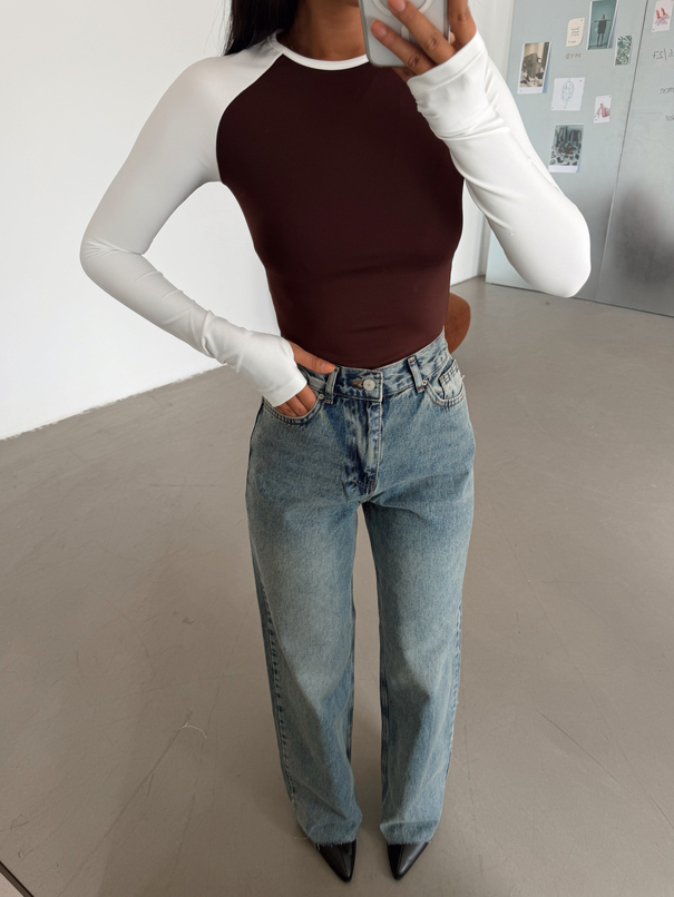 Bisiklet Yaka Kontrast Bodysuıt - Kahve