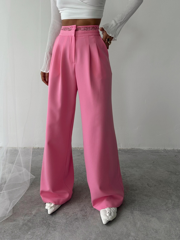 Kemeri Dantel Detaylı Palazzo Pantolon  - Pembe