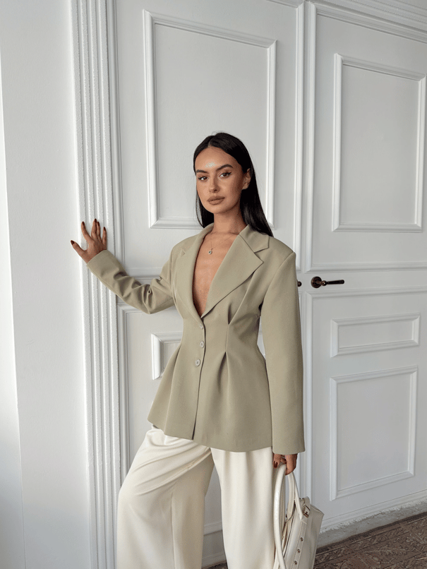 Pile Detay Oturtmalı Blazer Ceket  - Çağla Yeşili