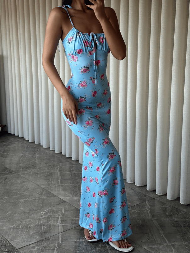 Çiçek Desen Maxi Elbise  - Bebe Mavi