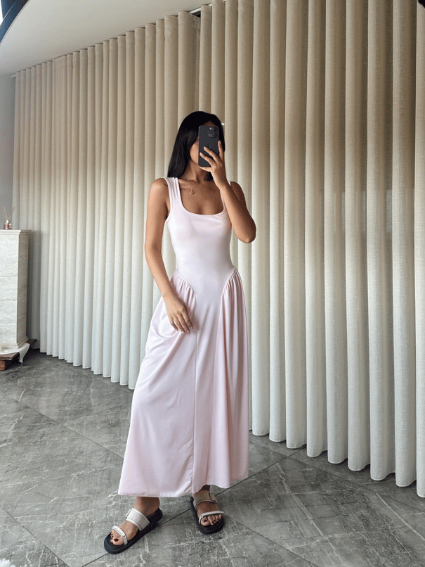 Korse Detaylı Midi Elbise - Pembe