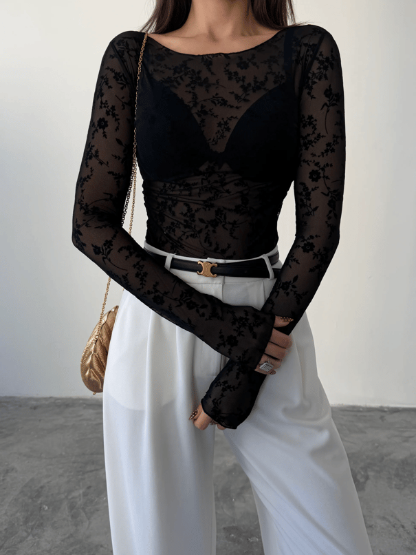 Flok Baskılı Basic Bluz - Siyah