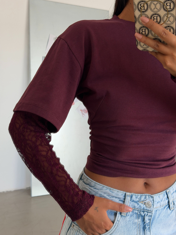 Oturtmalı Kolları Dantel Basic T-shirt - Mürdüm