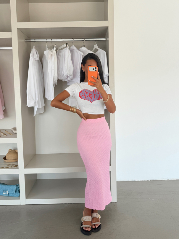 Gofre Yırtmaçlı Midi Etek - Pembe