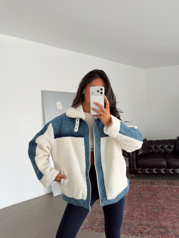 Denim Detaylı Peluş Mont - Beyaz
