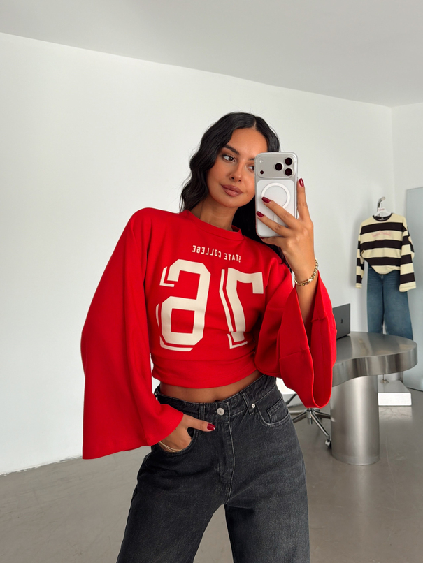 State College Baskılı Sweatshırt - Kırmızı