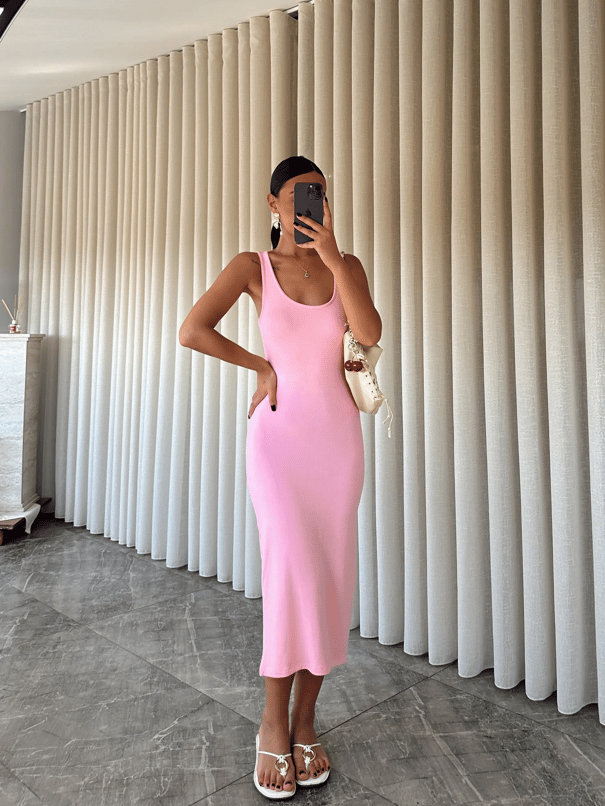 Sıfır Kol Modal Kumaş Elbise - Pembe