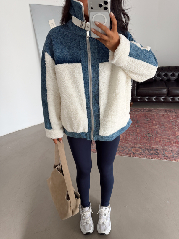 Denim Detaylı Peluş Mont - Beyaz