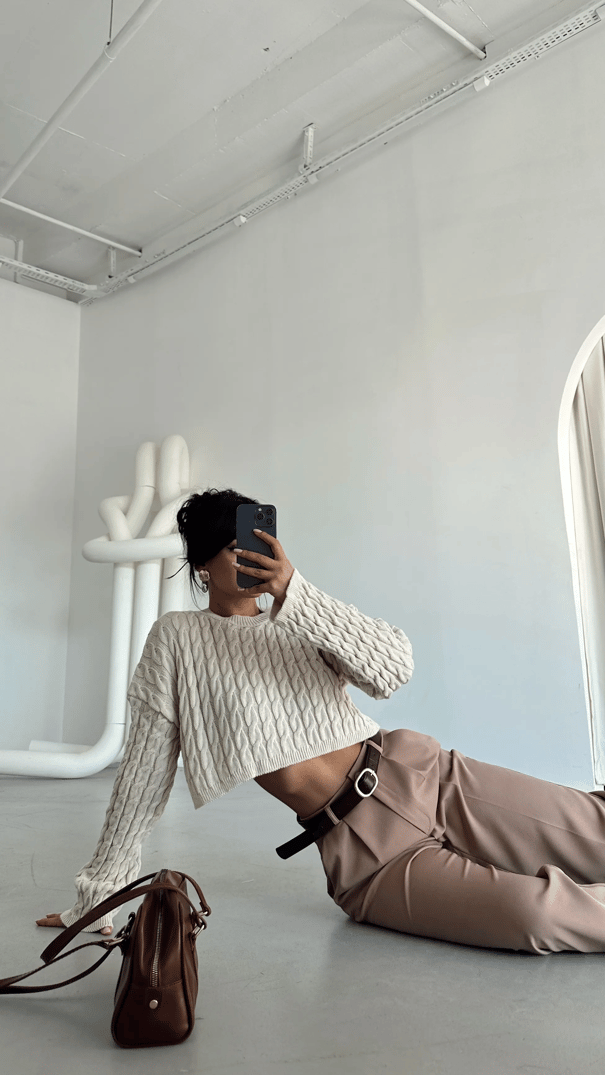 Saç Örgü Triko Crop Kazak Krem - Krem