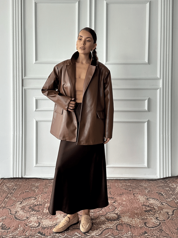 Belden Bağlamalı Deri Ceket - Kahve