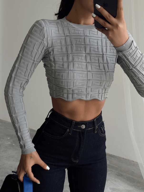 Labirent Desen Crop Triko Kazak Gri - Gri