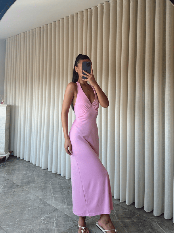 Boyundan Geçmeli Sırt Bağlamalı Elbise - Pembe