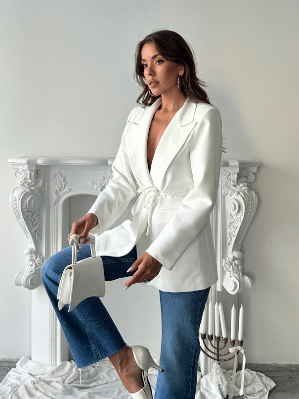 Bağlama Detay Ceket - Beyaz