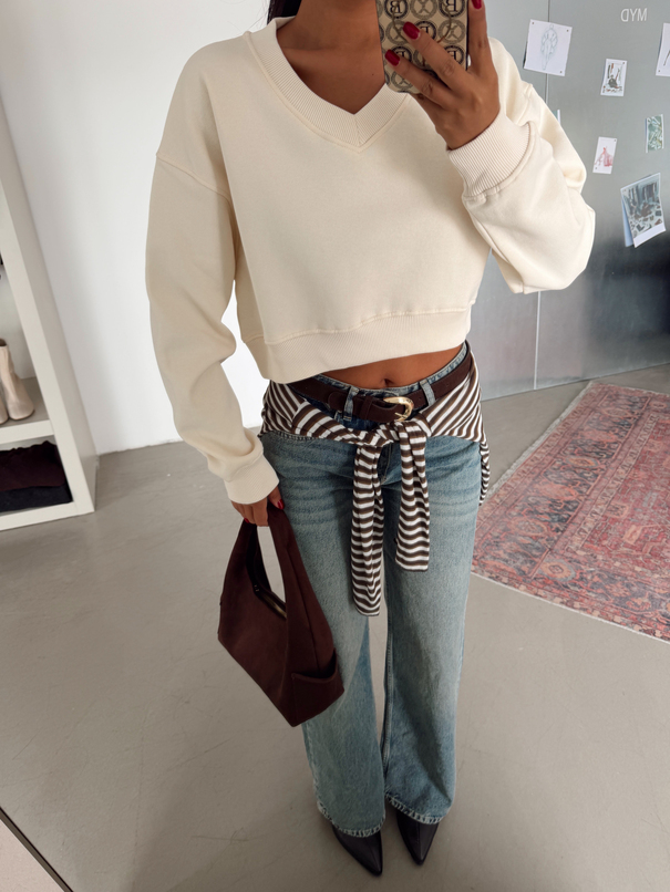 V Yaka Ribanalı Sweatshirt - Taş
