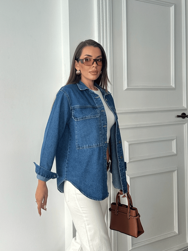 Kapak Cep Denim Gömlek - Mavi