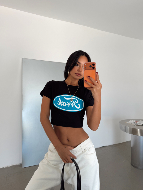 Freak Baskılı Crop Basic - Siyah
