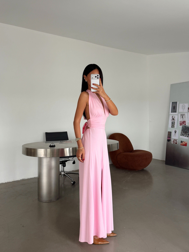 Bel Ve Boyun Bağlamalı Elbise - Pembe