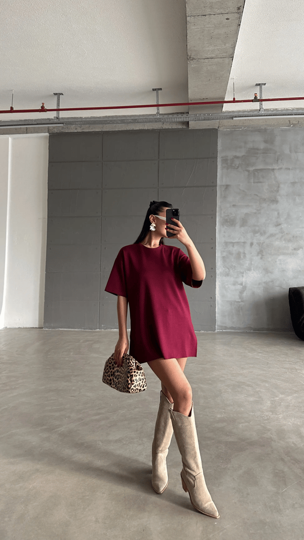 Yan Yırtmaç Oversize Basic - Bordo