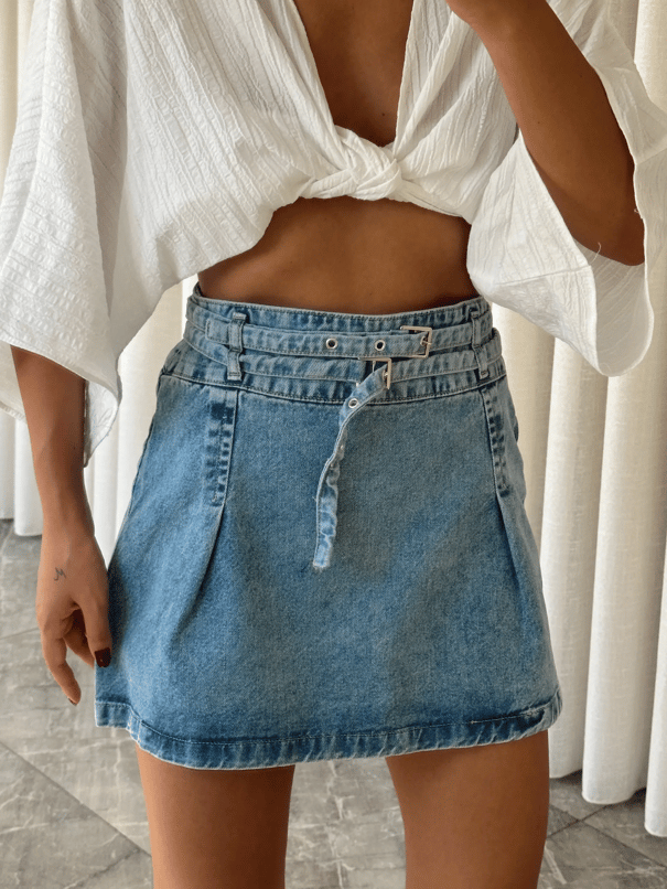 Pileli Denim Etek Mavi - Mavi