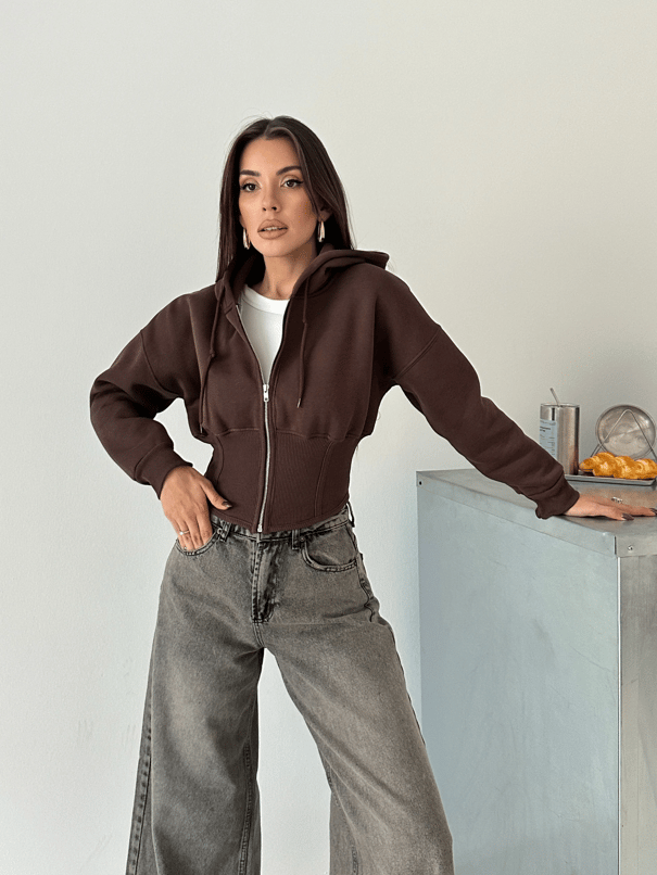 Korse Manşet Fermuarlı Sweat Hırka - Kahve