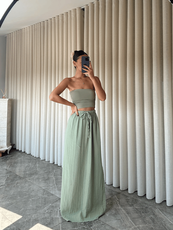 Müslin Yırtmaçlı Uzun Etek - Haki