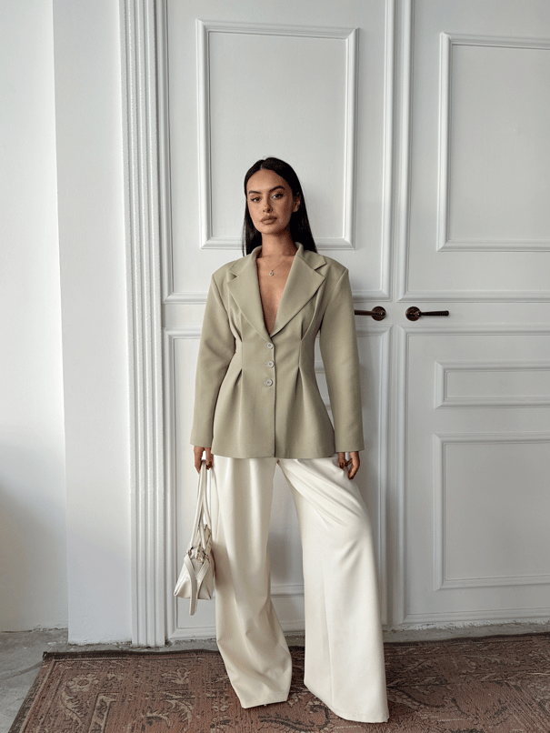 Pile Detay Oturtmalı Blazer Ceket  - Çağla Yeşili
