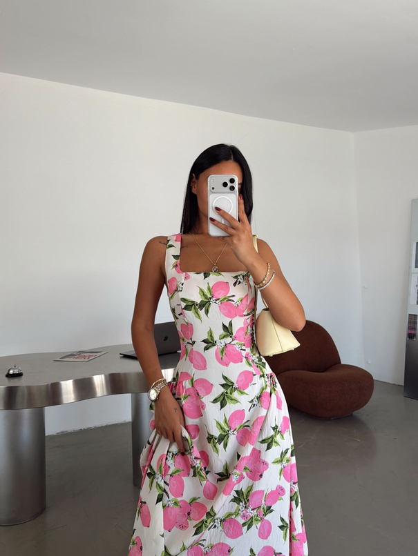 Limon Desenli Prenses Elbise - Pembe