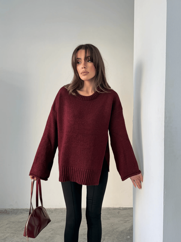 Yırtmaçlı Basic Triko  - Bordo
