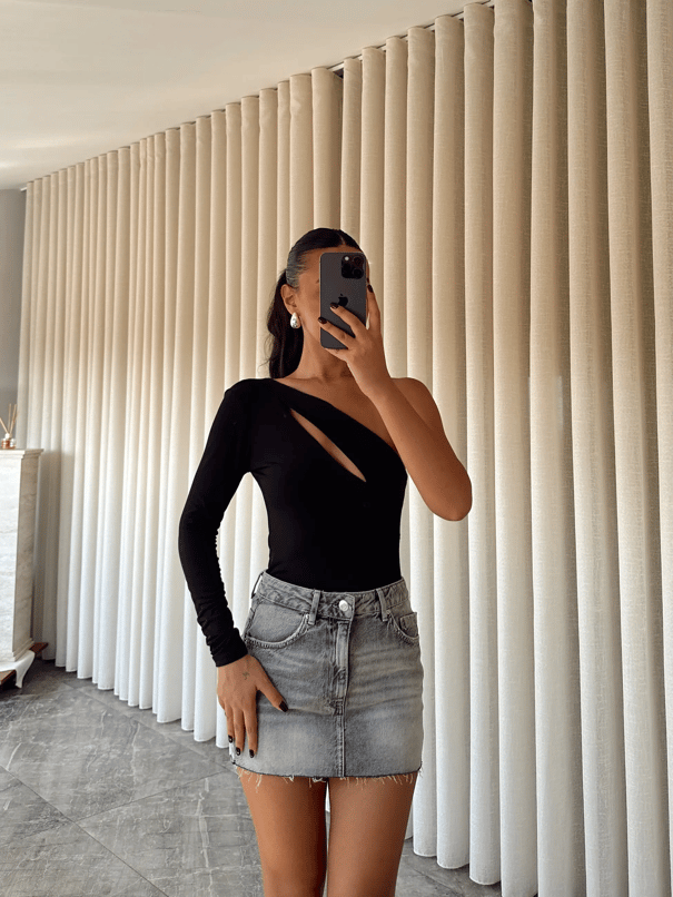 Sabrina Tek Kol Bodysuit Siyah - Siyah