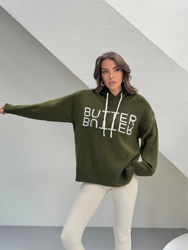 Kapüşonlu Butter Triko Kazak - Haki