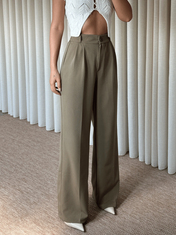 Bel Lastik Palazzo Pantolon - Haki Yeşil