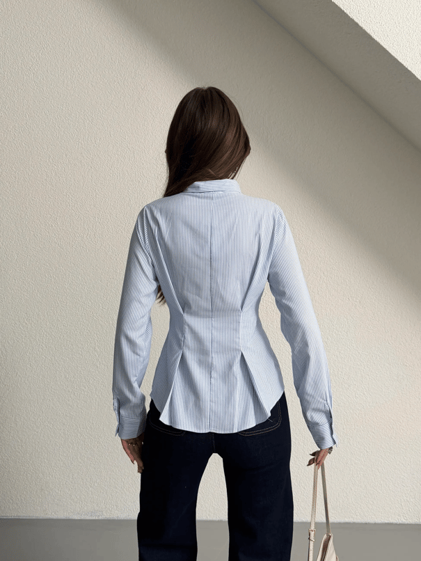 Çizgili Pensli Gömlek - Mavi