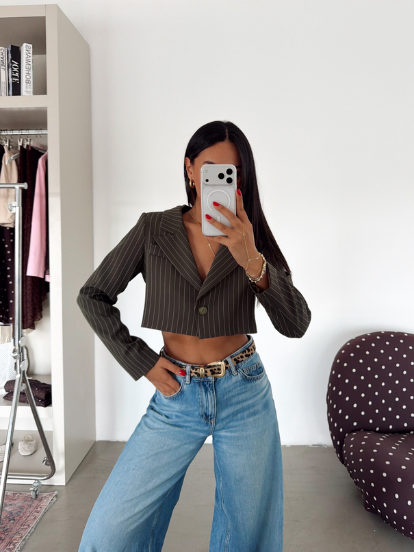 Çizgili Crop Ceket - Haki
